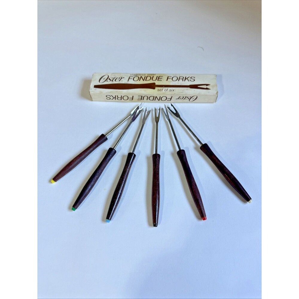 Set of 6 Oster Stainless Steel Fondue Forks MCM Wood Handles Color Coded Vintage